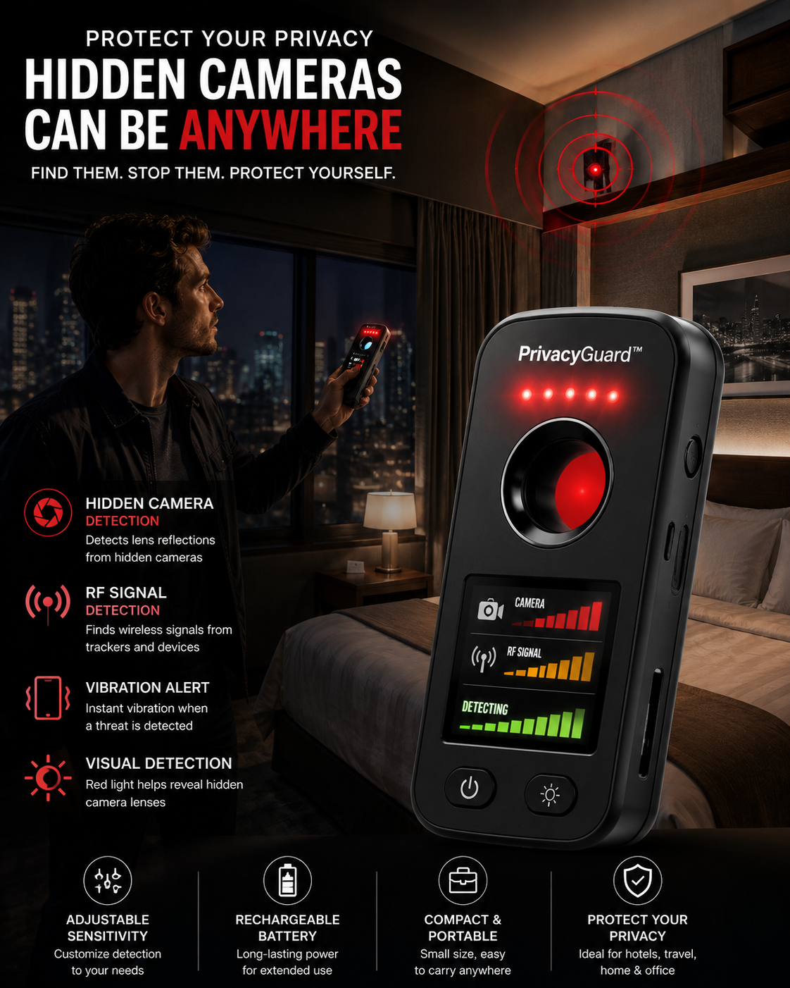 PrivacyGuard™ Hidden Camera & Signal Detector
